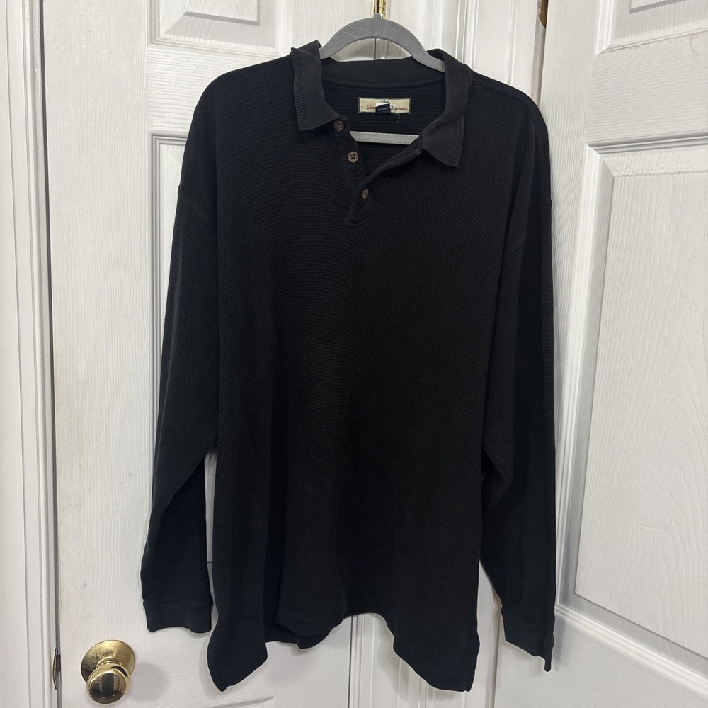 Tommy Bahama Mens Polo Shirt XXL Black Silk Cotton Blend Textured Knit L/Sleeve